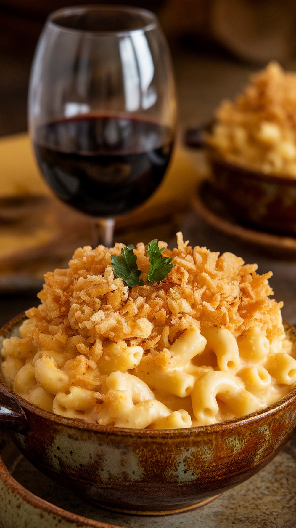 A comforting bowl of mac and cheese topped with crispy breadcrumbs and a glass of red wine in the background.