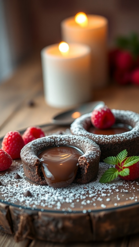 Two mini chocolate lava cakes with molten chocolate center, garnished with raspberries and mint, with candles in the background.