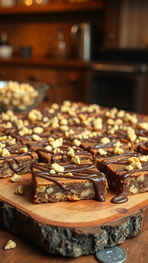 A platter of no-bake chocolate peanut butter bars topped with chocolate drizzle and peanuts.