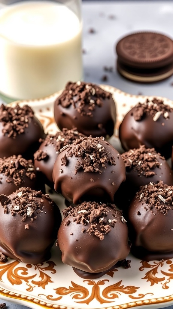 A plate of Oreo truffles topped with crushed Oreos, with a glass of milk in the background.