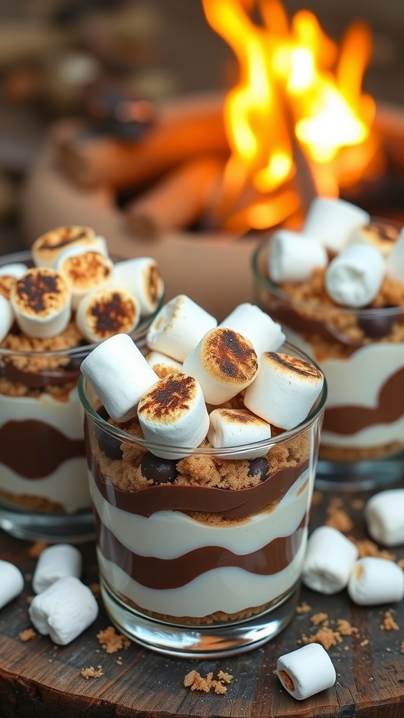 Delicious no-bake s'mores dessert cups with layers of chocolate pudding, whipped cream, and toasted marshmallows.