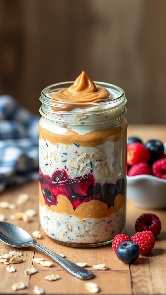 A jar of peanut butter and jelly overnight oats with fresh berries on top.