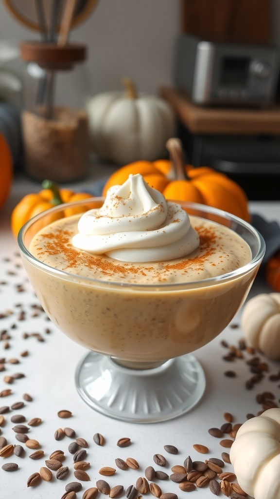A bowl of pumpkin chia seed pudding topped with whipped cream and cinnamon, surrounded by small pumpkins and chia seeds.