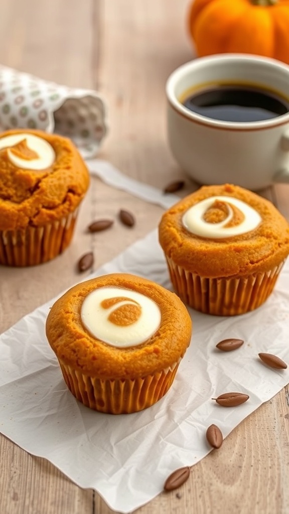 Pumpkin muffins with cream cheese swirl on a wooden table next to a cup of coffee.