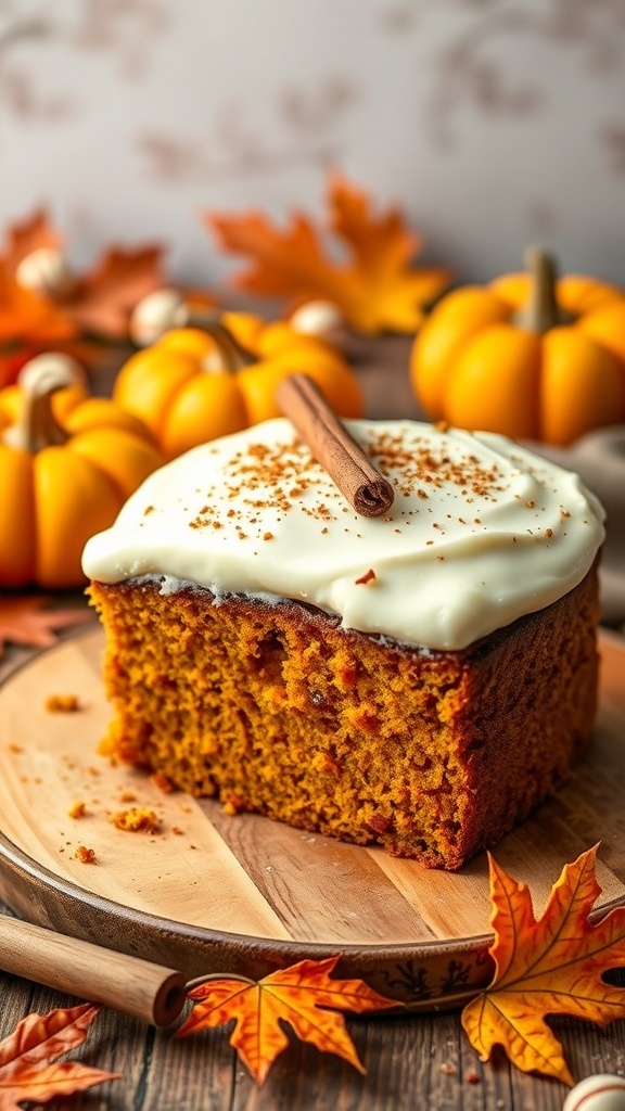 A slice of pumpkin spice cake topped with cream cheese frosting and a sprinkle of cinnamon, surrounded by autumn leaves and small pumpkins.