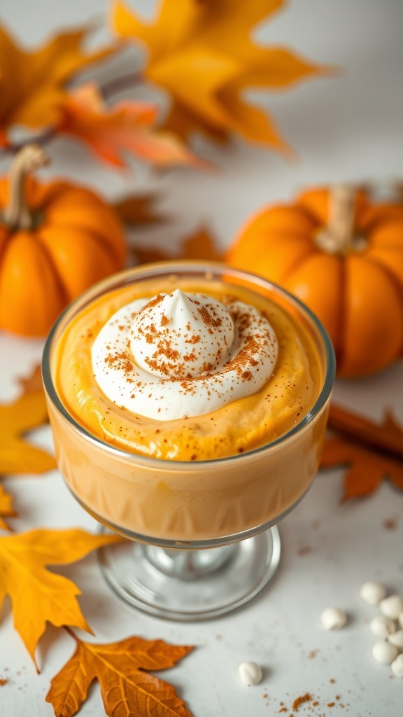 A bowl of pumpkin spice mousse topped with whipped cream and cinnamon, surrounded by autumn leaves and small pumpkins.