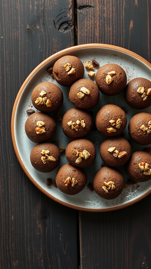 A plate of raw brownie bites topped with chopped nuts