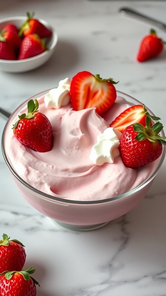 A bowl of strawberry mousse topped with fresh strawberries and whipped cream.