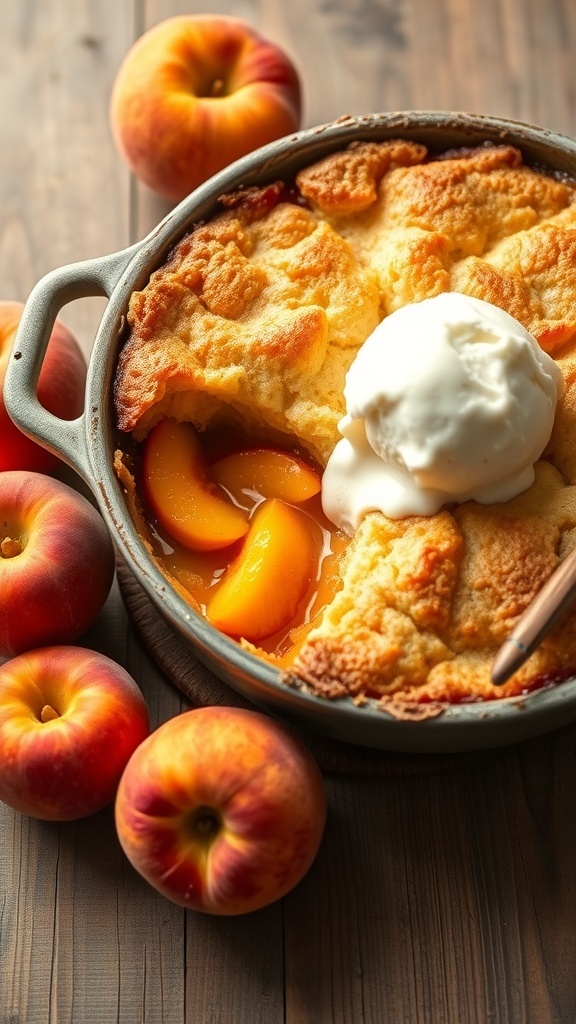 A delicious peach cobbler with a scoop of ice cream on top, surrounded by fresh peaches.