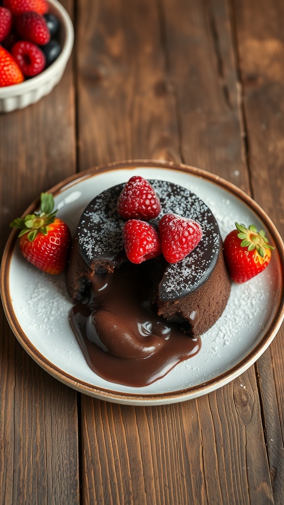 A delicious healthier chocolate lava cake topped with strawberries and raspberries, served on a white plate.
