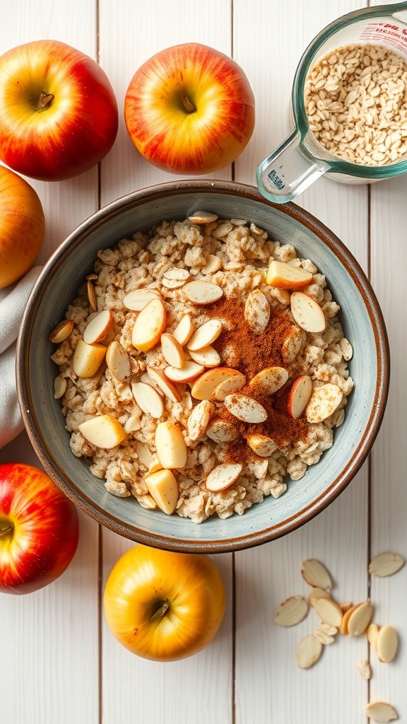 A bowl of oatmeal topped with sliced apples and cinnamon, surrounded by fresh apples.