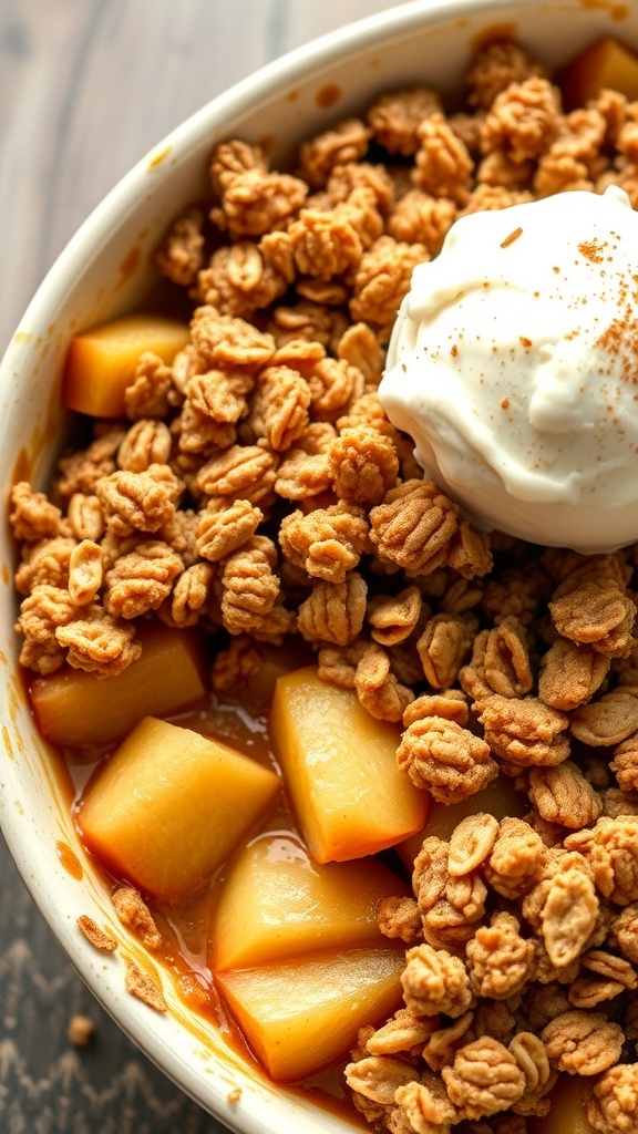 A bowl of instant apple crisp topped with a sweet oat mixture and a dollop of whipped cream.
