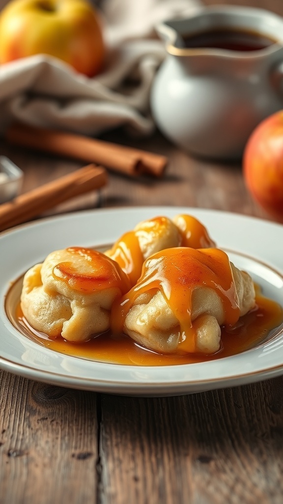 Delicious instant apple dumplings served with caramel sauce on a plate.