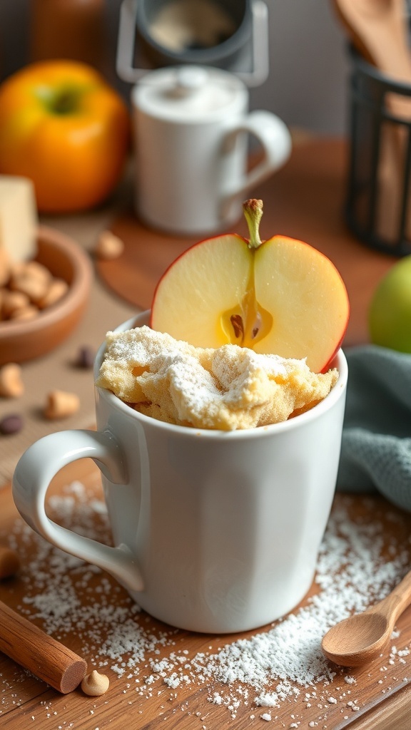 A delicious instant apple mug cake topped with a slice of apple and powdered sugar, surrounded by kitchen items.
