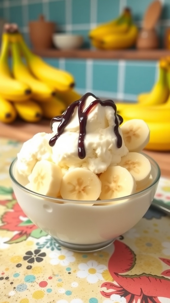 A bowl of banana ice cream topped with whipped cream and chocolate syrup, with fresh bananas in the background.