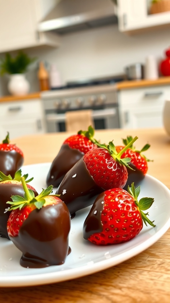 A plate of chocolate-covered strawberries with a kitchen background