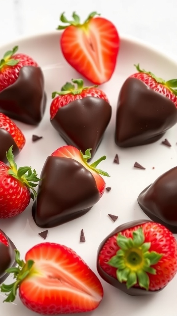 A plate of chocolate-dipped strawberries, some whole and some cut in half, showcasing their vibrant red color and shiny chocolate coating.