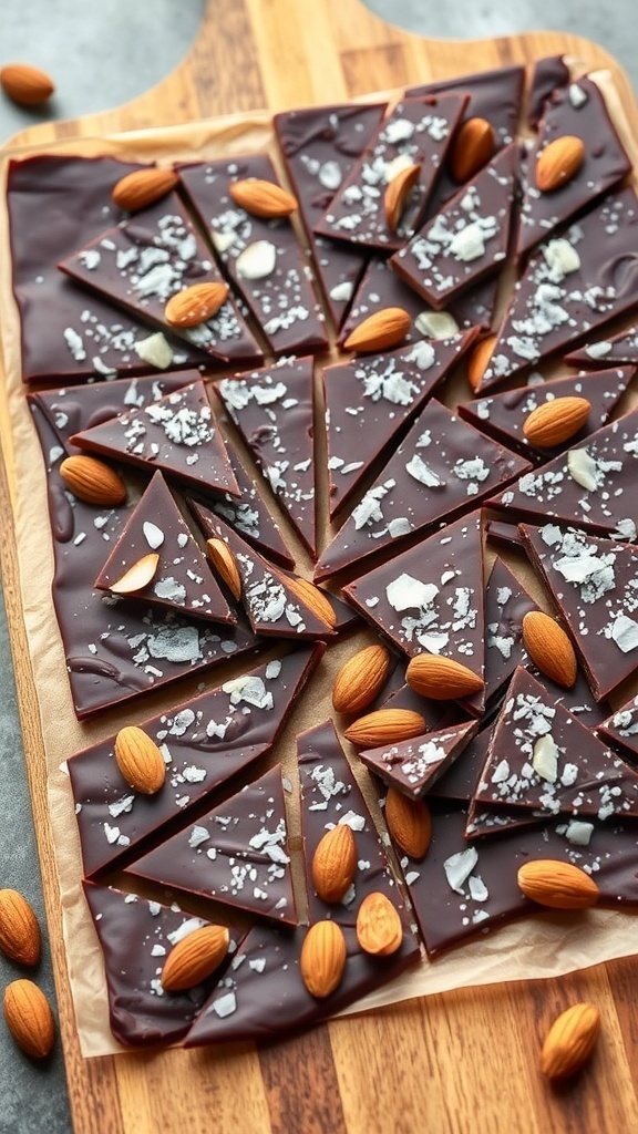 A beautifully arranged batch of chocolate almond bark topped with almonds and sea salt.