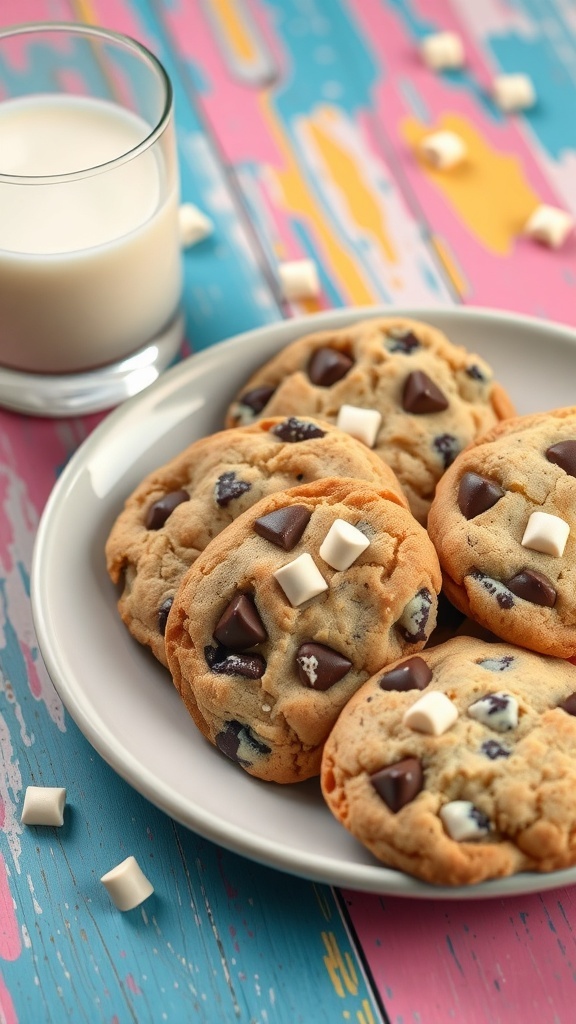 Plate of chocolate chip cookies with mini marshmallows and a glass of milk