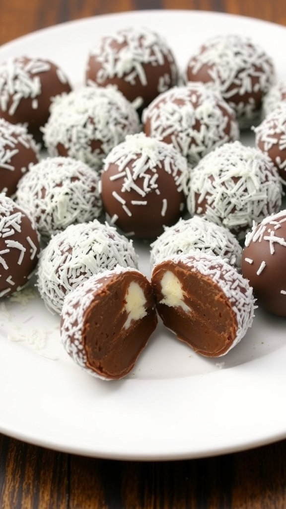 A plate of chocolate coconut truffles, some whole and some cut in half, showing a creamy filling.