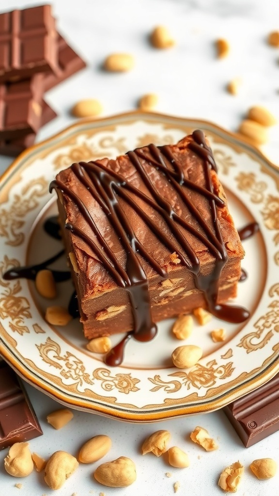 A square of chocolate peanut butter fudge drizzled with chocolate syrup, placed on an ornate plate with peanuts scattered around.