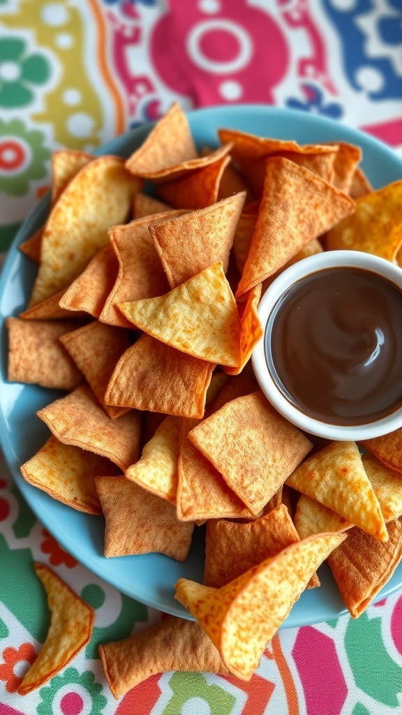 A plate of cinnamon sugar tortilla chips with a bowl of chocolate sauce