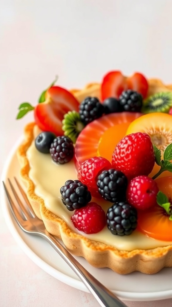 A colorful instant fruit tart topped with fresh berries and fruits, sitting on a plate with a fork.
