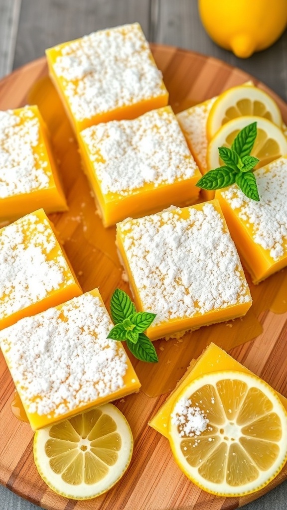 Delicious lemon bars topped with powdered sugar and garnished with mint leaves and lemon slices.