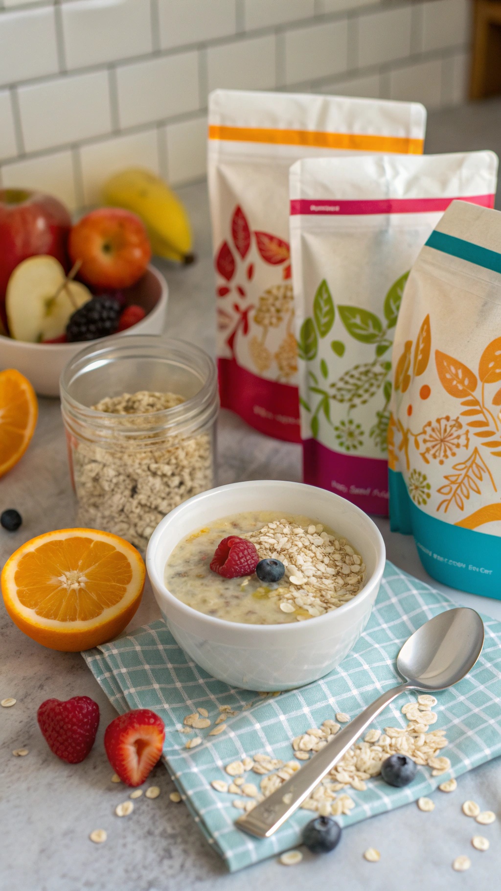 Variety of instant oatmeal packs with a bowl and ingredients for a quick breakfast