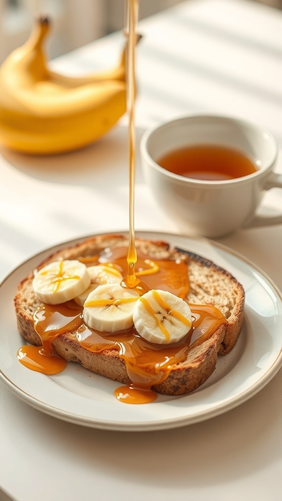 A slice of toast topped with banana slices and honey, with a cup of tea in the background.