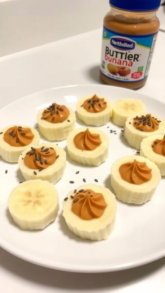 Plate of banana slices topped with peanut butter and various toppings