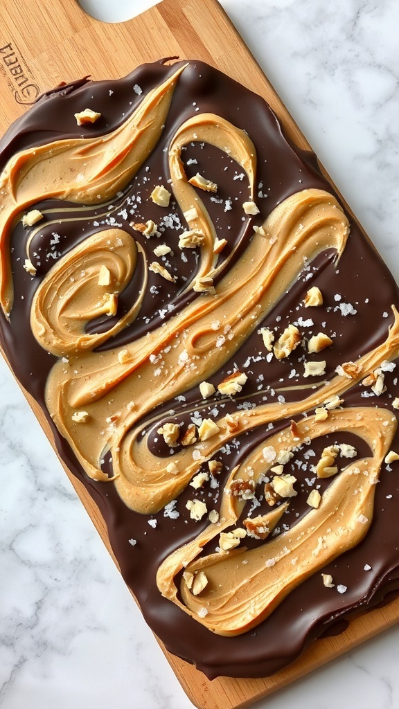 Peanut Butter Chocolate Bark with swirls of peanut butter and topped with nuts on a wooden board.