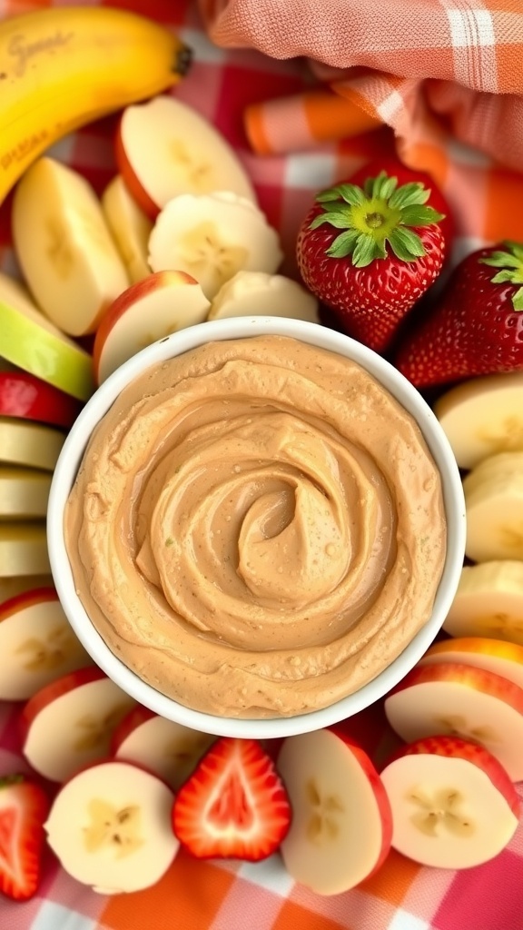 A bowl of peanut butter fruit dip surrounded by fresh fruits like strawberries, bananas, and apples.
