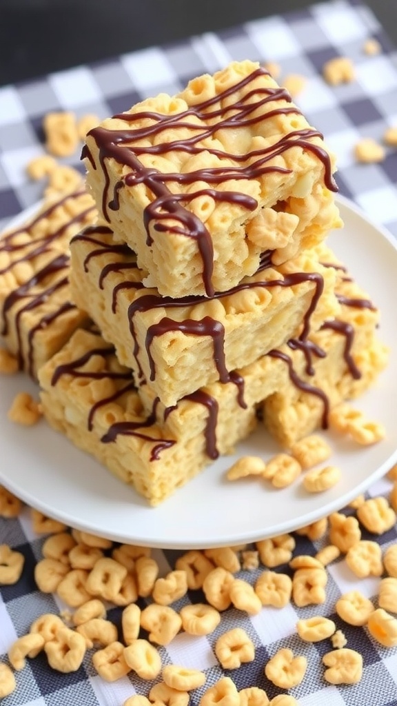 Instant Peanut Butter Rice Krispie Treats stacked on a plate with chocolate drizzle