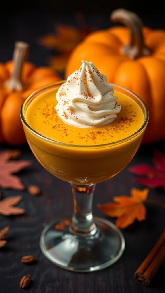A bowl of pumpkin spice pudding topped with whipped cream and cinnamon, with pumpkins and autumn leaves in the background.