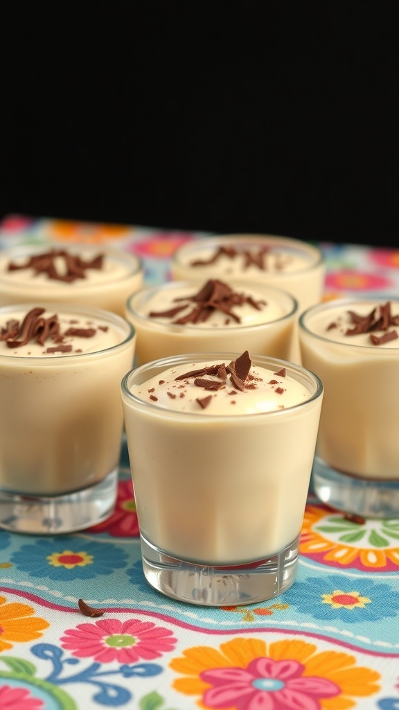Instant vegan pudding cups topped with chocolate shavings on a colorful floral tablecloth.