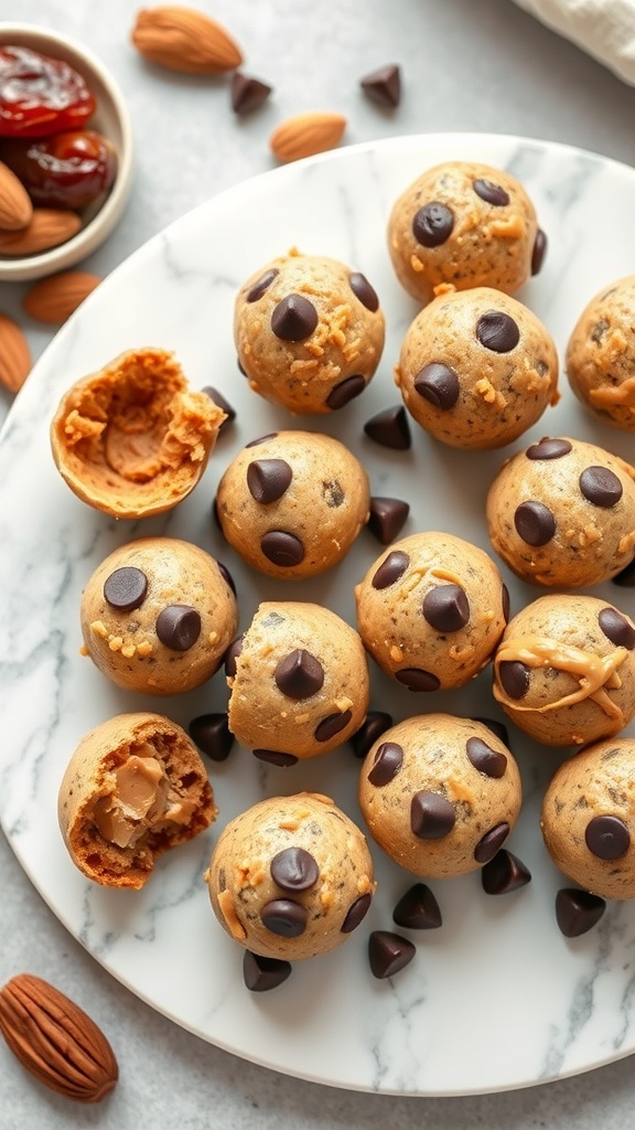 A plate of almond butter chocolate chip energy bites with some almonds and chocolate chips scattered around.