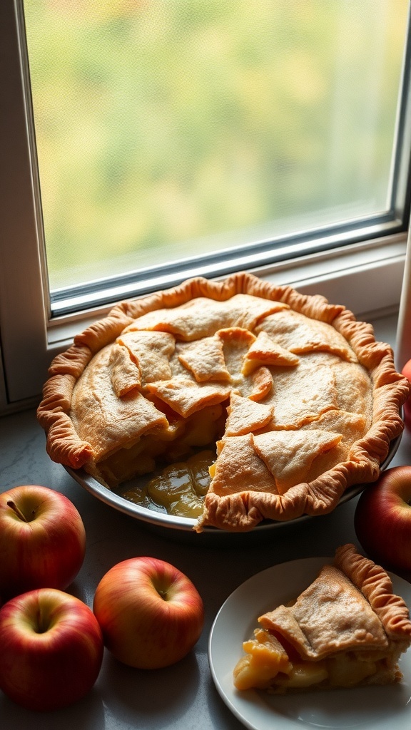 A freshly baked apple pie with a slice taken out, surrounded by fresh apples.