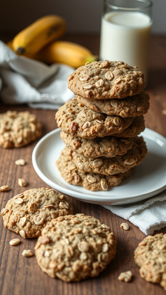 A stack of banana oatmeal cookies on a plate with a glass of milk and bananas in the background.