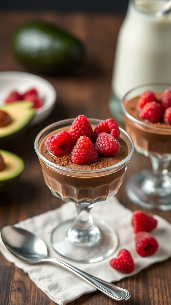 Chocolate avocado mousse topped with raspberries in a glass cup