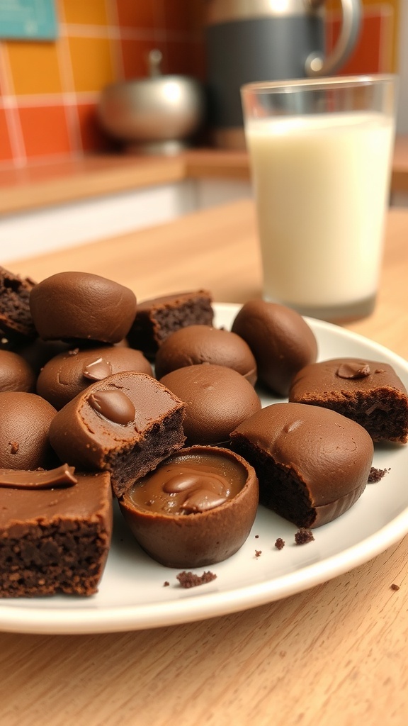A plate of chocolate protein brownie bites with a glass of milk