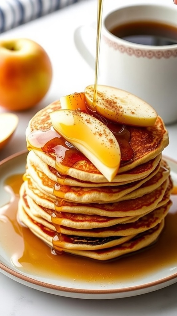 A stack of keto apple pancakes topped with apple slices and syrup, with a cup of coffee in the background.