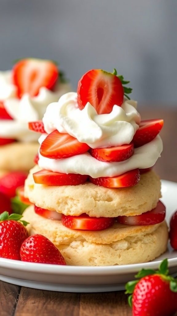 Keto strawberry shortcake topped with fresh strawberries and whipped cream, surrounded by colorful flowers.