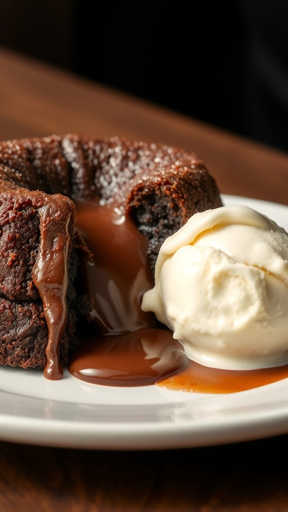 A warm chocolate lava cake with melted chocolate oozing out, served with a scoop of vanilla ice cream.