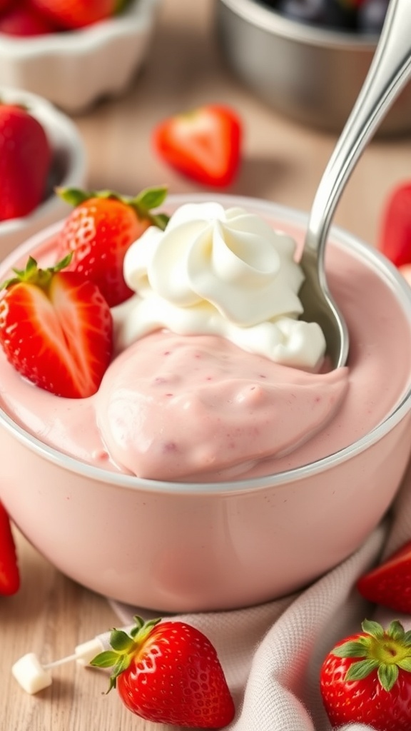 A bowl of low-carb strawberry pudding topped with whipped cream and fresh strawberries.