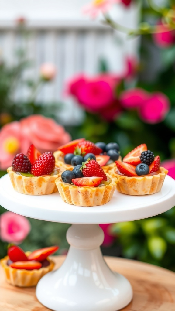 Mini fruit tarts with nutty crusts topped with fresh berries on a white cake stand