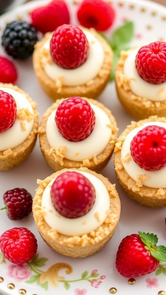 Delicious no-bake cheesecake bites topped with raspberries and raspberry sauce.