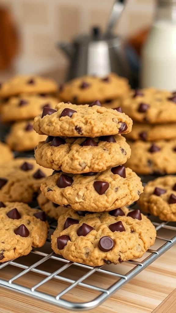 A stack of oatmeal chocolate chip cookies on a cooling rack, with more cookies in the background.