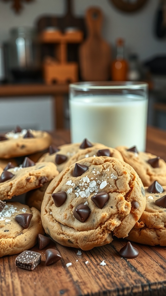 A stack of peanut butter chocolate chip cookies with chocolate chips and sea salt on a wooden surface, accompanied by a glass of milk.