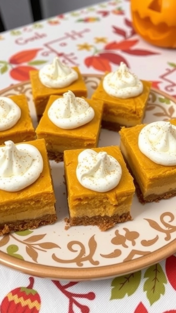Delicious pumpkin cheesecake bars topped with whipped cream on a decorative plate.
